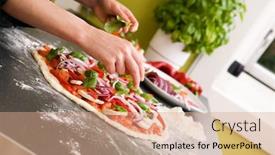  Presentation with vegetarian - PPT layouts consisting of italian style vegetarian pizza on the counter waiting to be baked background and a coral colored foreground