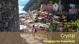  Presentation with stairs - Slide set featuring italian village - young woman walking on stairs background and a coral colored foreground