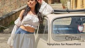  Presentation with italy car - PPT theme enhanced with italian-woman-sitting-against-retro background and a mint green colored foreground