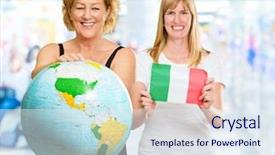  Presentation with tourists - Amazing PPT layouts having italy map - portrait of two happy tourists backdrop and a  colored foreground