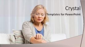  Presentation with unhappy - Audience pleasing slides consisting of itch - unhappy woman suffering from hand backdrop and a soft green colored foreground
