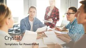  Presentation with monthly report - Colorful theme enhanced with itsm reporting - group of young financiers listening backdrop and a soft green colored foreground