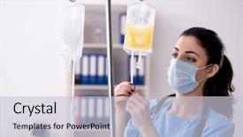  Presentation with infusion - Beautiful slide deck featuring iv bag - young female doctor in infusion backdrop and a light gray colored foreground