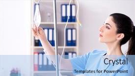  Presentation with infusion - Beautiful PPT theme featuring iv bag - young female doctor in infusion backdrop and a light blue colored foreground