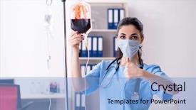  Presentation with infusion - Slide set enhanced with iv bag - young female doctor in infusion background and a light blue colored foreground