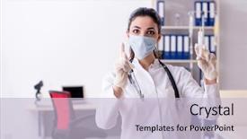  Presentation with infusion - Presentation with iv bag - young female doctor in infusion background and a lemonade colored foreground