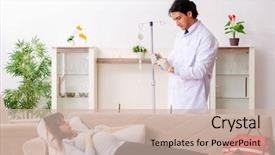  Presentation with doctor visiting family a new born - Amazing presentation design having iv bag - young handsome doctor visiting pregnant backdrop and a soft green colored foreground