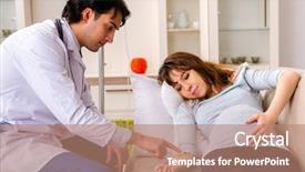  Presentation with doctor visiting family - Presentation design with iv bag - young handsome doctor visiting pregnant background and a coral colored foreground