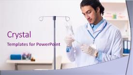  Presentation with blood transfusion - Audience pleasing presentation design consisting of iv bag - young male doctor in blood backdrop and a sky blue colored foreground