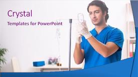  Presentation with blood transfusion - Presentation theme featuring iv bag - young male doctor in blood background and a sky blue colored foreground