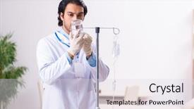  Presentation with blood transfusion - Presentation design enhanced with iv injection - young male doctor in blood background and a sky blue colored foreground