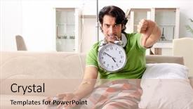  Presentation with injection - Slide set with iv injection - young man suffering at home background and a soft green colored foreground