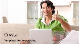  Presentation with injection - Presentation design with iv injection - young man suffering at home background and a soft green colored foreground