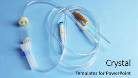  Presentation with infusion - Slide set with iv therapy - disposable infusion set on blue background and a light blue colored foreground