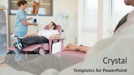  Presentation with female hospital patient - Audience pleasing presentation design consisting of iv therapy - female nurse adjusting iv machine backdrop and a light gray colored foreground