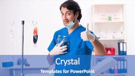  Presentation with blood transfusion - Theme having iv therapy - young male doctor in blood background and a teal colored foreground