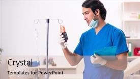  Presentation with blood transfusion - PPT layouts enhanced with iv therapy - young male doctor in blood background and a lemonade colored foreground