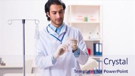  Presentation with blood transfusion - Slide set consisting of iv therapy - young male doctor in blood background and a sky blue colored foreground