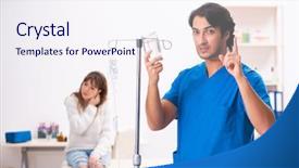  Presentation with blood transfusion - Colorful PPT theme enhanced with iv therapy - young male foctor and female backdrop and a sky blue colored foreground