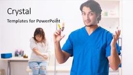  Presentation with blood transfusion - Presentation design consisting of iv therapy - young male foctor and female background and a sky blue colored foreground