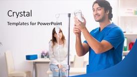  Presentation with blood transfusion - PPT theme having iv therapy - young male foctor and female background and a sky blue colored foreground