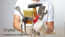  Presentation with tools - Audience pleasing PPT layouts consisting of jack hammer - man with tools backdrop and a  colored foreground