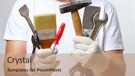  Presentation with tool belt tools - Amazing PPT theme having jack hammer - man with tools backdrop and a coral colored foreground