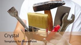  Presentation with tool belt tools - PPT layouts with jack hammer - man with tools background and a coral colored foreground
