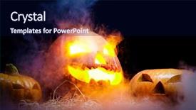  Presentation with black jack - Slide deck consisting of jack o lantern blazing and smoking on straw among two other pumpkins that are unlit against black background background and a navy blue colored foreground