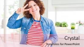  Presentation with curly hair - Audience pleasing slide set consisting of jacket at home doing peace backdrop and a coral colored foreground