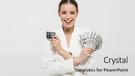  Presentation with credit card - Cool new slide set with jacket holding fan with dollar backdrop and a light gray colored foreground