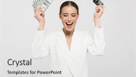  Presentation with credit card icon - Presentation design enhanced with jacket holding fan with dollar background and a white colored foreground