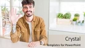  Presentation with five sided blue to white - Presentation with jacket sitting on white table background and a  colored foreground