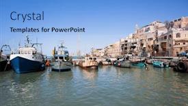  Presentation with sea port - Presentation theme having jaffa-port-on-mediterranean-sea background and a light blue colored foreground