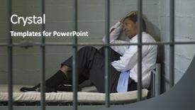  Presentation with jail - PPT theme with jail cell - businessman sitting with hand background and a dark gray colored foreground