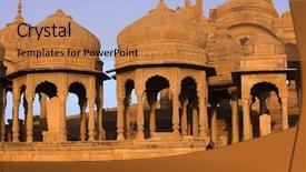  Presentation with jainism - Audience pleasing PPT theme consisting of jainism - bada bagh cenotaph jaisalmer backdrop and a coral colored foreground