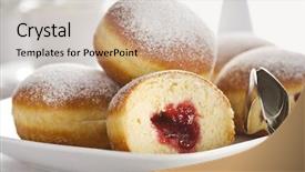  Presentation with jam - PPT theme with jam filled bismarck doughnuts closeup background and a soft green colored foreground