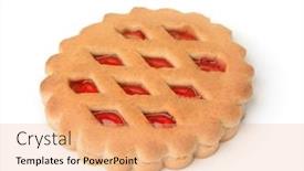  Presentation with cookie - Cool new PPT theme with jam filled cookie isolated on white backdrop and a coral colored foreground