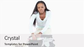  Presentation with problem statement problems and solutions - Beautiful PPT theme featuring jam packed - young woman having problems packing backdrop and a  colored foreground