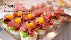  Presentation with banquet - Audience pleasing presentation consisting of jamon or prosciutto on banquet backdrop and a coral colored foreground