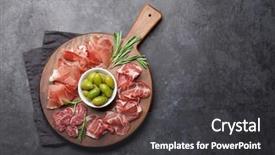  Presentation with spanish food - Presentation theme featuring jamon prosciutto crudo italian salami background and a dark gray colored foreground