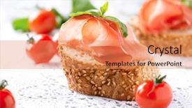 Presentation with tapas - Slide set having jamon slices of bread with spanish serrano ham served as tapas cured ham spanish appetizer prosciutto background and a coral colored foreground