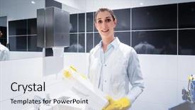  Presentation with wipe - Colorful PPT theme enhanced with wipe room - janitor woman changing paper towels backdrop and a sky blue colored foreground