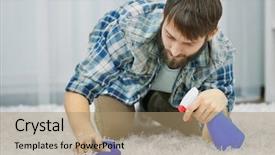  Presentation with carpet - Presentation design consisting of janitorial - funny young man cleaning carpet background and a coral colored foreground