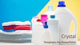  Presentation with blue white and yellow - Cool new theme with janitorial - photo of several bottles backdrop and a sky blue colored foreground
