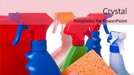  Presentation with chemicals - Presentation theme having janitorial - variety of cleaning supplies background and a coral colored foreground