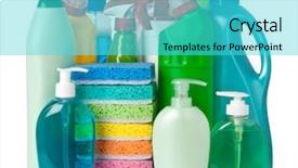  Presentation with bottles - Cool new PPT theme with janitorial - various bottles with cleaning supplies backdrop and a cyan colored foreground