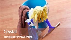  Presentation with cleaning services - Beautiful slides featuring janitorial services - cleaning products on wooden floor backdrop and a coral colored foreground