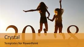  Presentation with new year - Presentation theme consisting of january - silhouette of girls jumping up background and a gold colored foreground