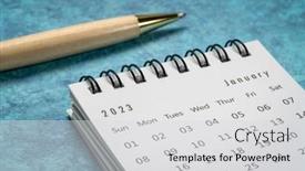  Presentation with pen - PPT theme consisting of january-2023-small-spiral-desktop background and a light gray colored foreground